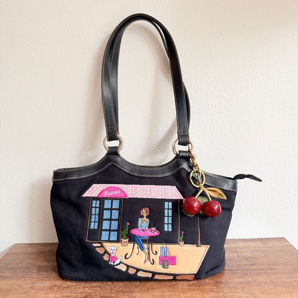 Y2K Whimsical Paris Café Embroidered Canvas Shoulder Tote Bag French Girl Chic
